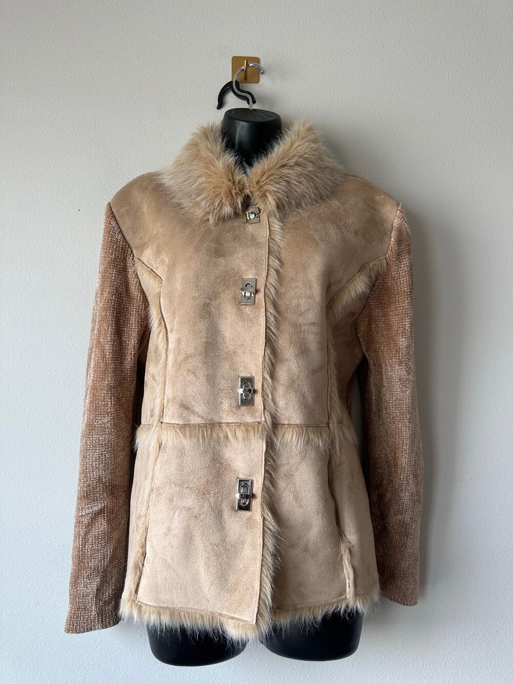 Vintage Y2K Penny Lane Style Faux Suede Fur Trim Jacket Boho Retro Toggle Coat L